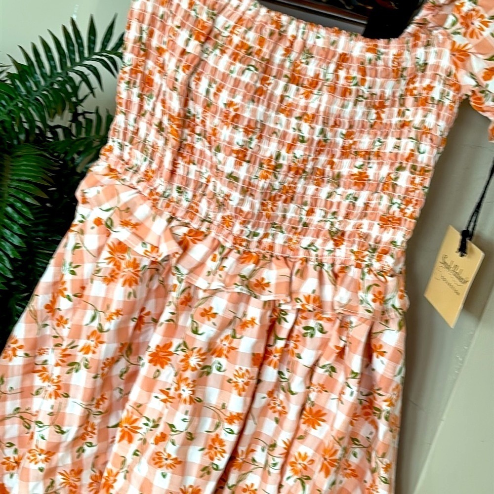 Brand New Smak Parlour Peach Gingham Floral Smocked Mini Dress Puff Sleeves Mod - Picture 6 of 15
